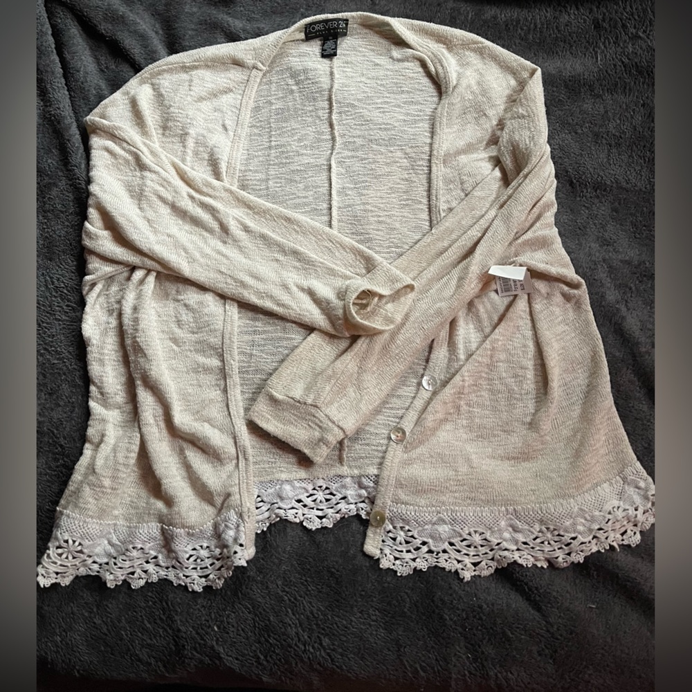Forever 21 Plus Tan Cardigan/Sweater with Delicate Lace Hem Sz 3x